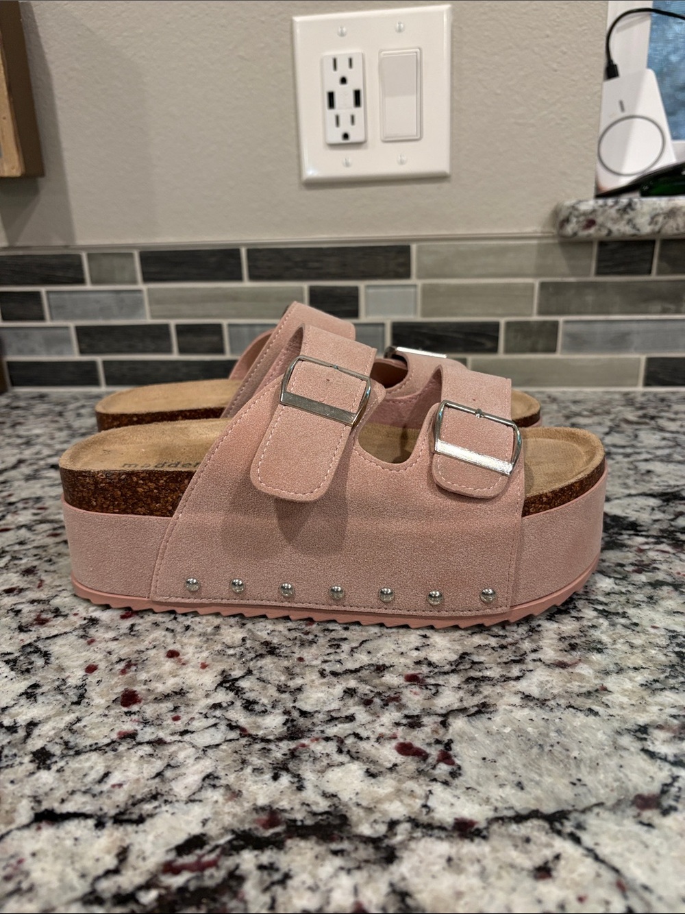 Madden Girl Pink Suede Platform Slide Sandals with Buckles